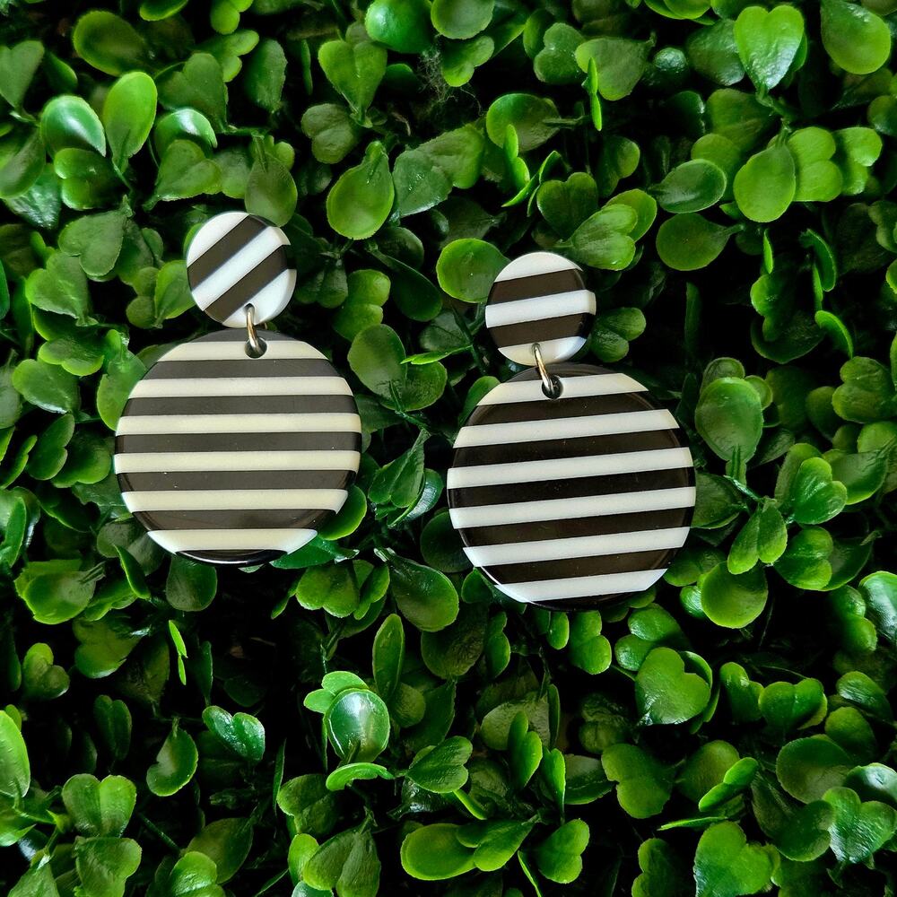 Striped black and white circle earrings 1980's Beetlejuice Burton style Mod